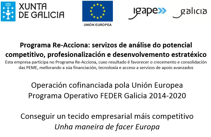 Cartel de publicidad comunitaria con los logotipos de la Xunta de Galicia, la Unión Europea, el IGAPE y Galicia. Texto: «Programa Re-Acciona: servizos de análise do potencial competitivo, profesionalización e desenvolvemento estratéxico. Esta empresa participa no Programa Re-Acciona, cuxo resultado é favorecer o crecemento e consolidación das PEME, mellorando a súa financiación, tecnoloxía e acceso a servizos de apoio avanzados. Operación cofinanciada pola Unión Europea. Programa Operativo FEDER Galicia 2014-2020. Conseguir un tecido empresarial máis competitivo. Unha maneira de facer Europa»